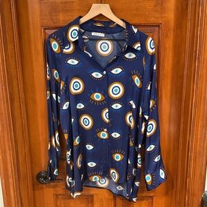 Navy Eye-Print Button-Up Top with Turquoise & Mustard Accents